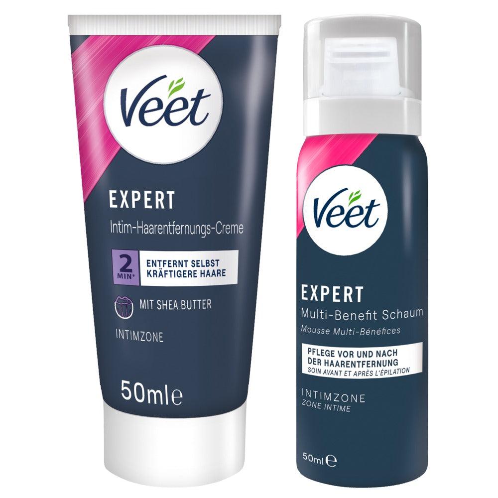 Veet Expert intim hårfjerningssett med 50 ml kremtube og 50 ml skumflaske i mørkeblått og rosa design.