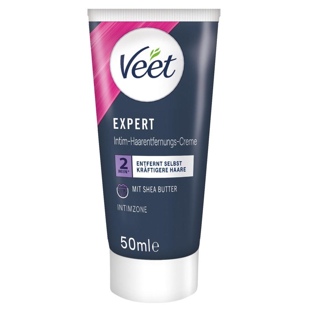 Mørkeblå 50 ml tube med Veet Expert intim hårfjerningskrem med rosa detaljer og sheasmør.