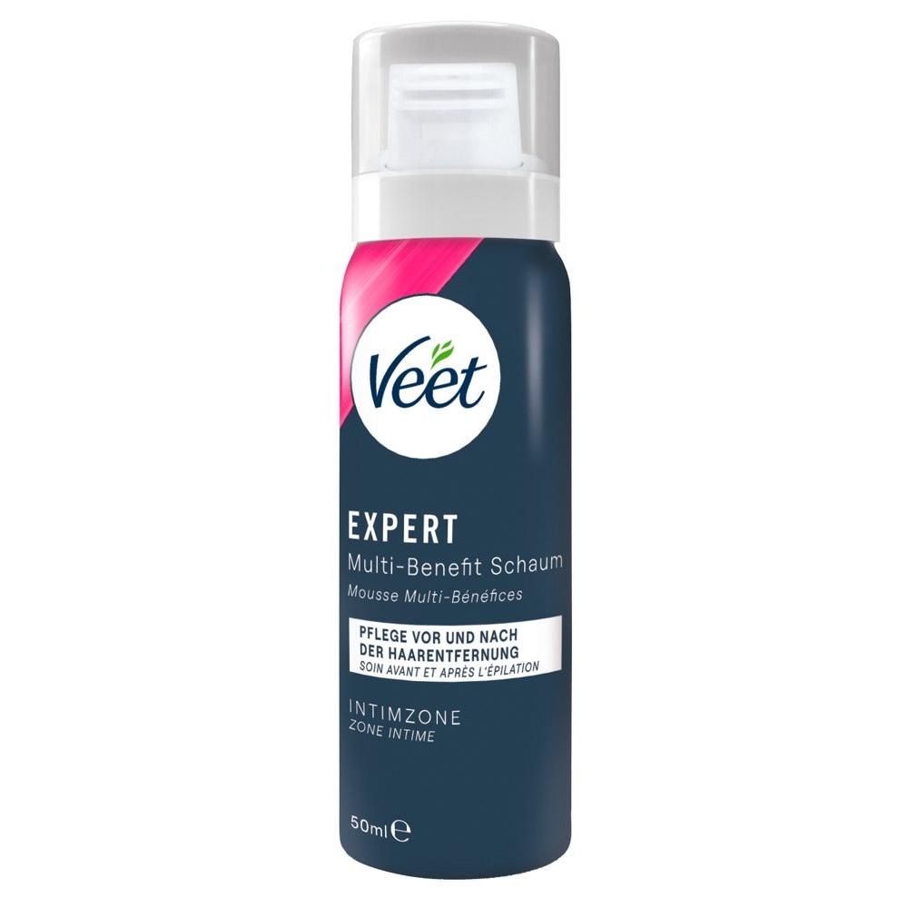Veet Expert Multi-Benefit skum i en mørkeblå 50 ml sprayflaske med hvit kork for pleie av intimsonen.