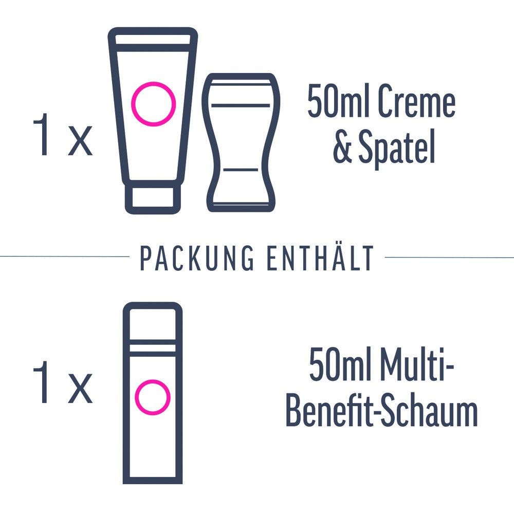 Veet Expert intim hårfjerningssett med 50ml krem, spatel og 50ml Multi-Benefit skum vist som en enkel illustrasjon.
