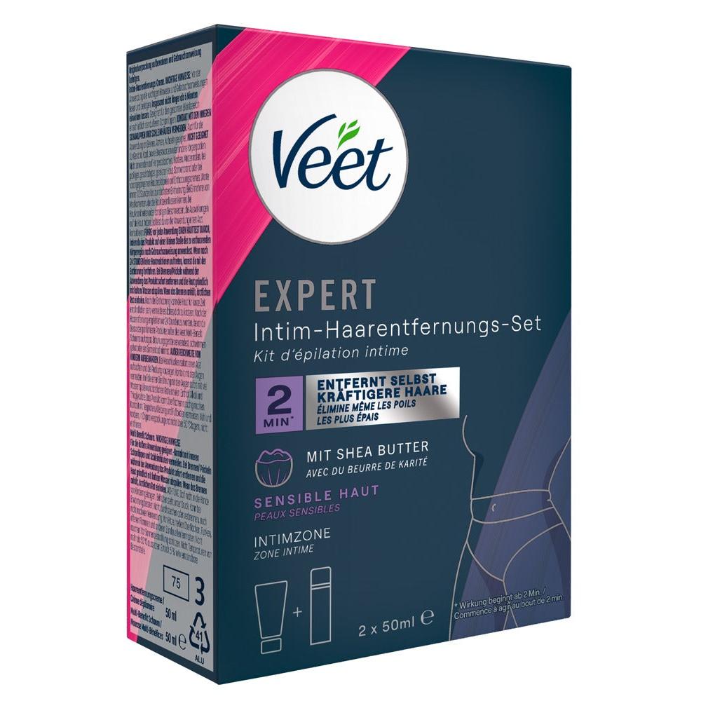 Veet Expert Intim hårfjerningssett i sort og rosa eske med 50 ml krem og skum for sensitiv hud.