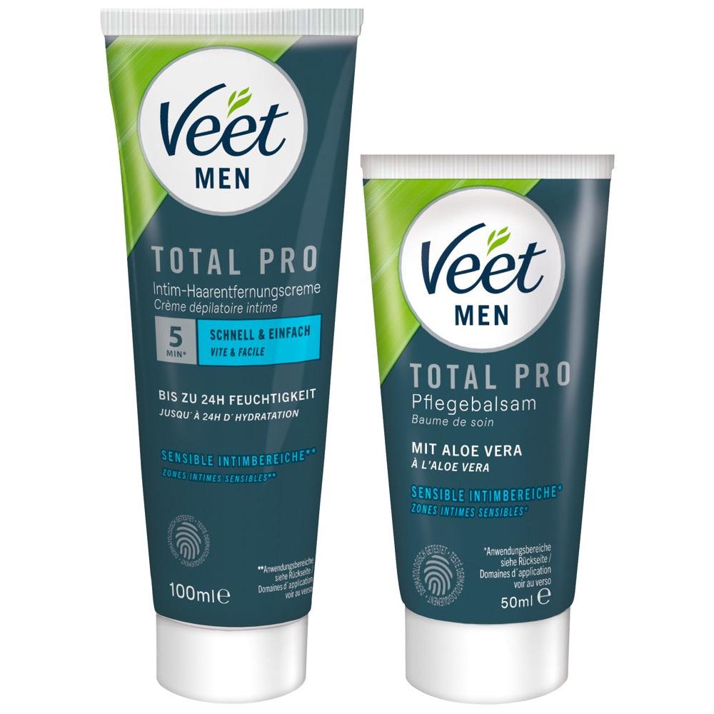Veet Men Total Pro hårfjerningskrem og pleiebalsam i mørkeblå og grønne tuber for intimpleie.