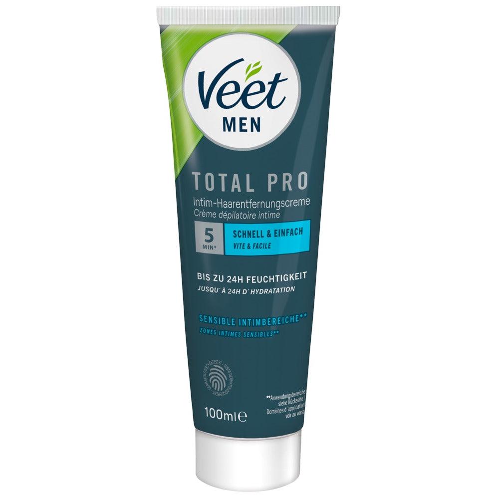 Mørkegrønn tube med Veet Men Total Pro intim hårfjerningskrem på 100 ml med hvit kork og grønne detaljer.