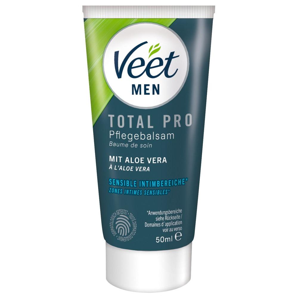 Veet Men Total Pro pleiebalsam i en mørkegrå 50 ml tube med grønne detaljer og aloe vera for sensitiv hud.