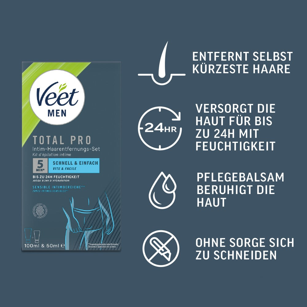 Veet Men Total Pro intim hårfjerningssett med krem, pleiebalsam og spatel vist med ikoner for fordeler og bruk.