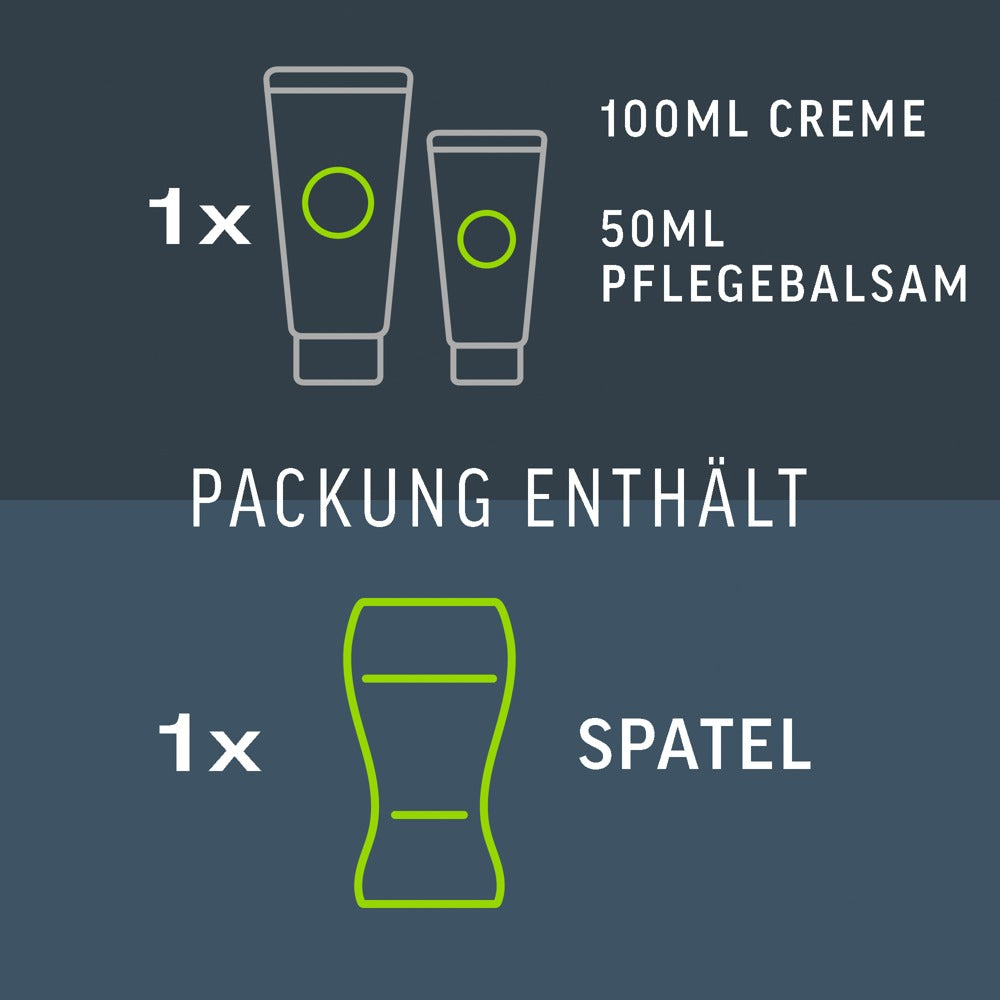 Veet Men hårfjerningssett med 100ml krem, 50ml pleiebalsam og en grønn spatel vist som grafiske ikoner på mørk bakgrunn.