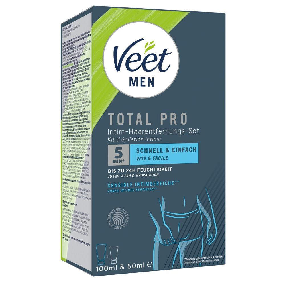 Veet Men Total Pro intim hårfjerningssett i mørk blå eske med illustrasjon av kropp og to tuber på 100ml og 50ml.