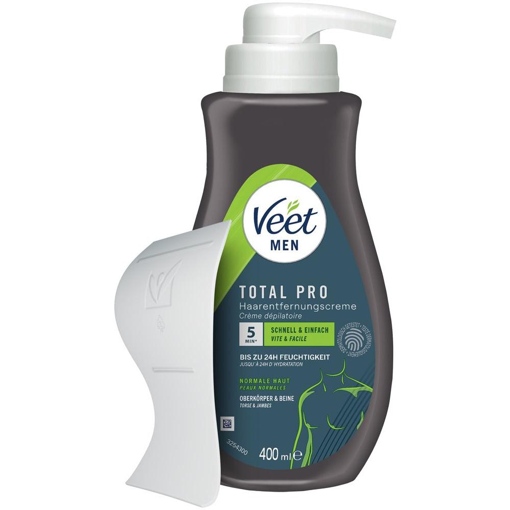 Veet Men Total Pro 400 ml hårfjerningskrem i mørk pumpeflaske med hvit spatel.