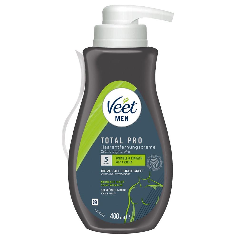 Veet Men Total Pro hårfjerningskrem i en mørkegrå 400 ml pumpeflaske med grønn grafikk.