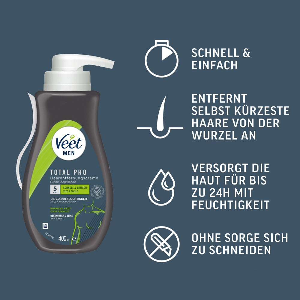 Veet Men Total Pro hårfjerningskrem i grå 400 ml pumpeflaske med ikoner som viser rask og fuktighetsgivende effekt.