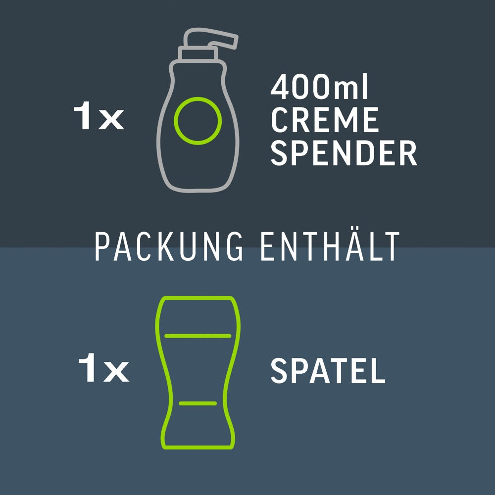 Veet Men Total Pro pakkeinnhold med en 400 ml pumpeflaske og en grønn påføringsspatel.