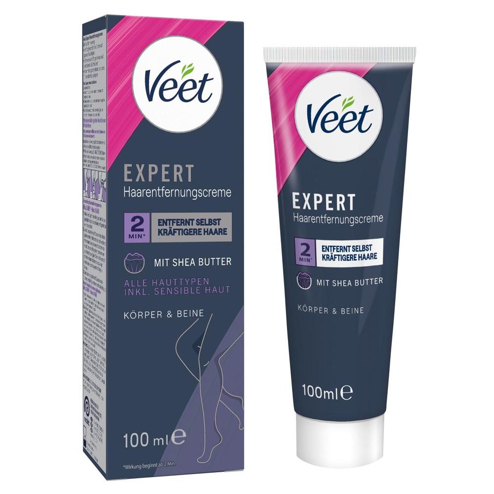 Veet Expert hårfjerningskrem 100 ml i mørkeblå og rosa tube og eske med sheasmør.