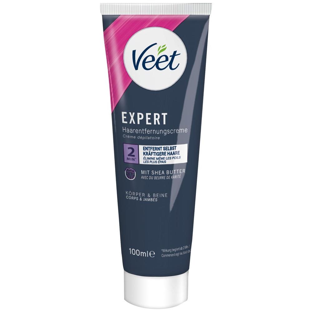 Mørkegrå 100 ml tube med Veet Expert hårfjerningskrem med rosa detaljer og sheasmør.