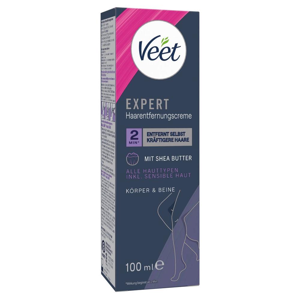 Veet Expert hårfjerningskrem 100 ml i mørk blå og rosa eske med illustrasjon av ben og informasjon om sheasmør.
