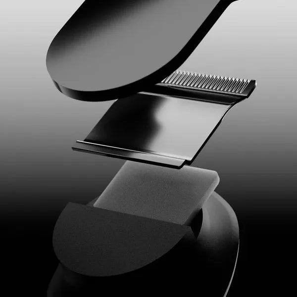 Eksplodert visning av Bathmate Trim 2.0 kroppstrimmer med svarte blader i rustfritt stål og ergonomisk design.