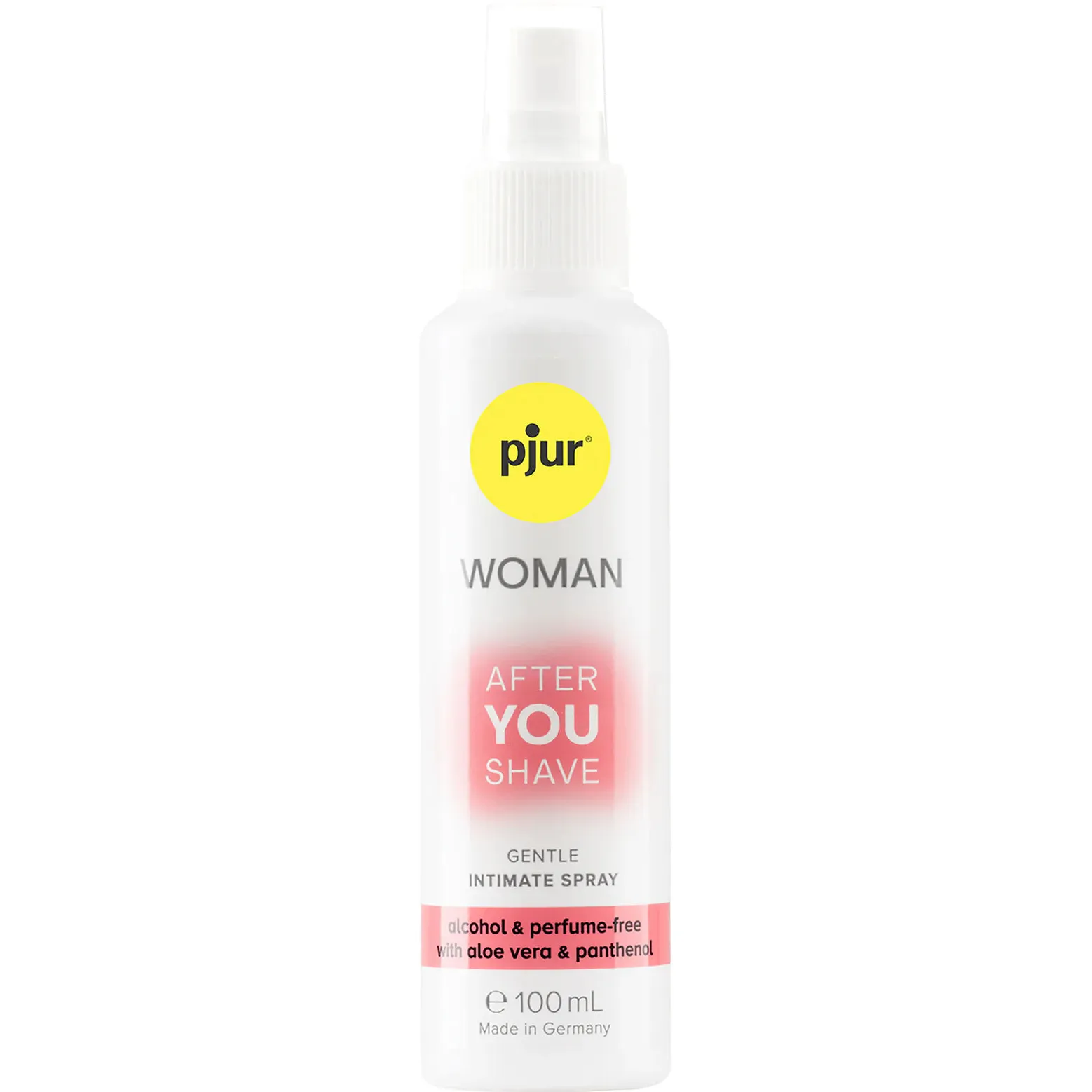 Hvit 100 ml sprayflaske med pjur WOMAN After YOU Shave, gul logo og rosa detaljer for intimbarbering.