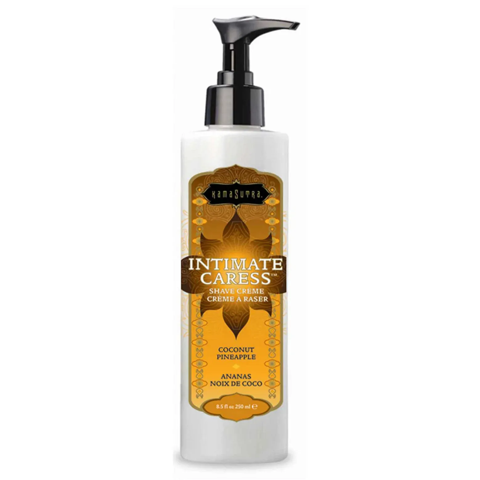 Kama Sutra Intimate Caress barberkrem med pumpeflaske, 250 ml, med dekorativt gull- og brunt etikett-design.