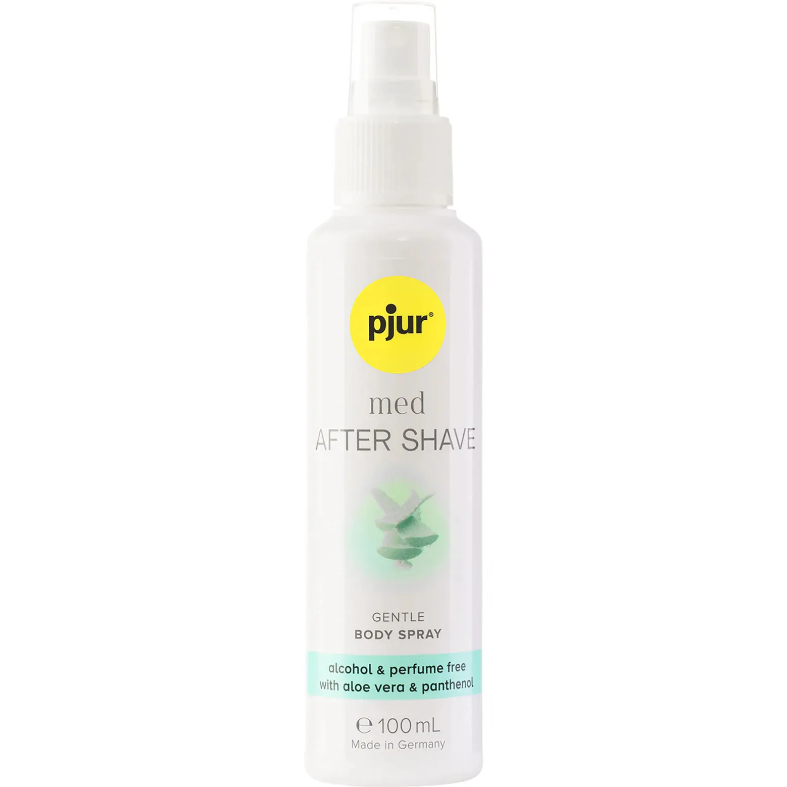 Hvit 100 ml pjur med AFTER SHAVE sprayflaske med gul logo, aloe vera-illustrasjon og spraykork for sensitiv hud.