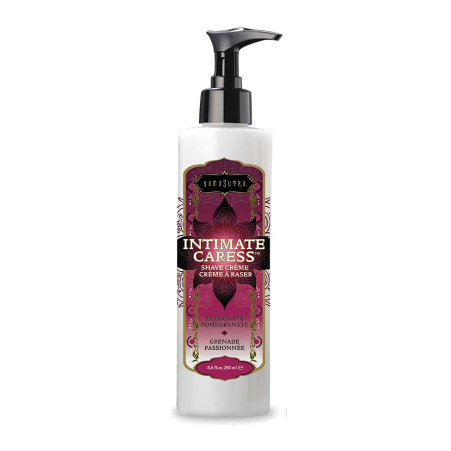 Kama Sutra Intimate Caress granateple barberkrem i en hvit 250 ml flaske med svart pumpe og dekorativ lilla etikett.