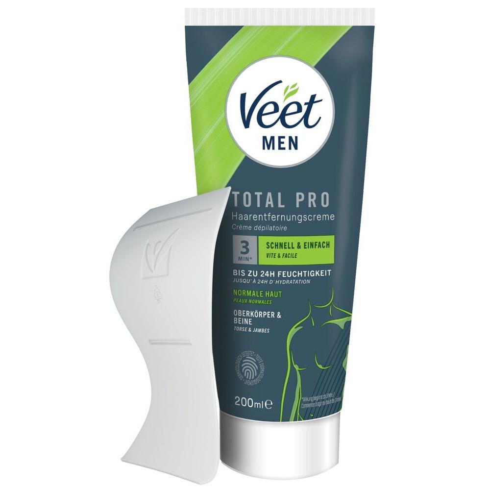 Veet Men Total Pro hårfjerningskrem 200 ml i mørkegrå tube med grønne detaljer og hvit påføringsspatel.