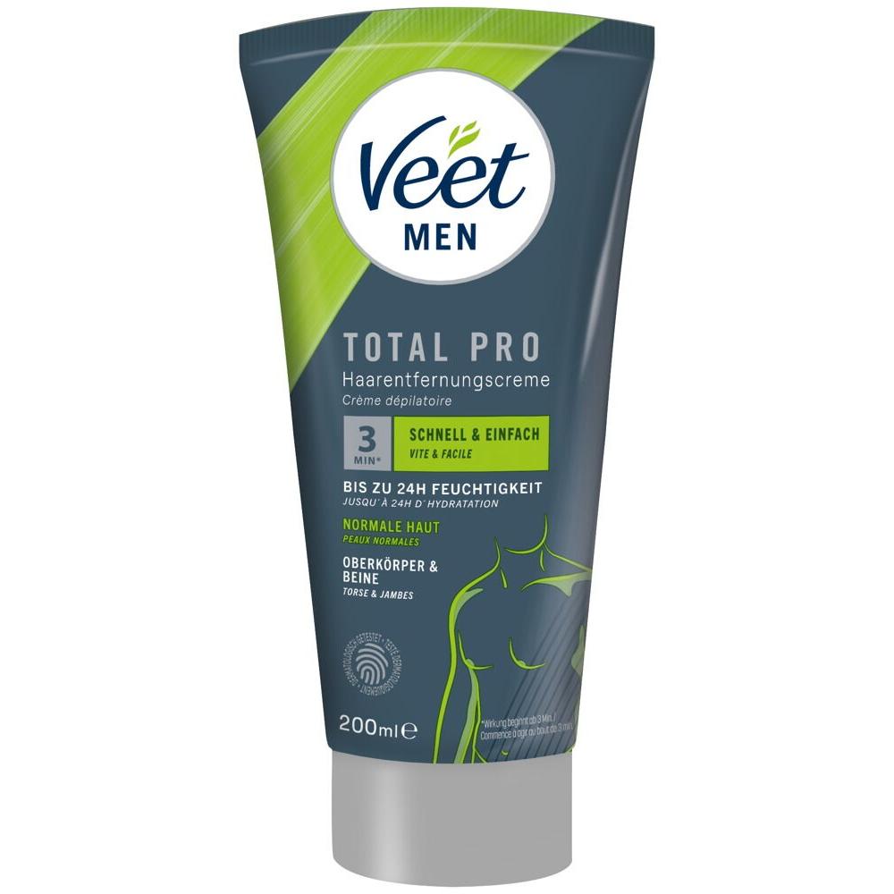 Mørkegrå tube med Veet Men Total Pro hårfjerningskrem 200 ml med grønne detaljer og illustrasjon av kropp.