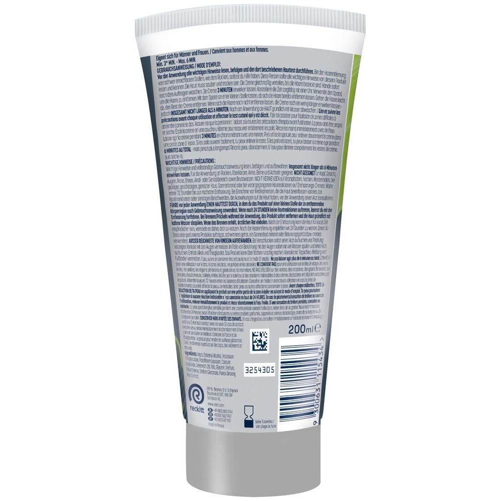 Baksiden av en 200 ml Veet Men Total Pro hårfjerningskrem med hvit tube, grønne detaljer og detaljert bruksanvisning.