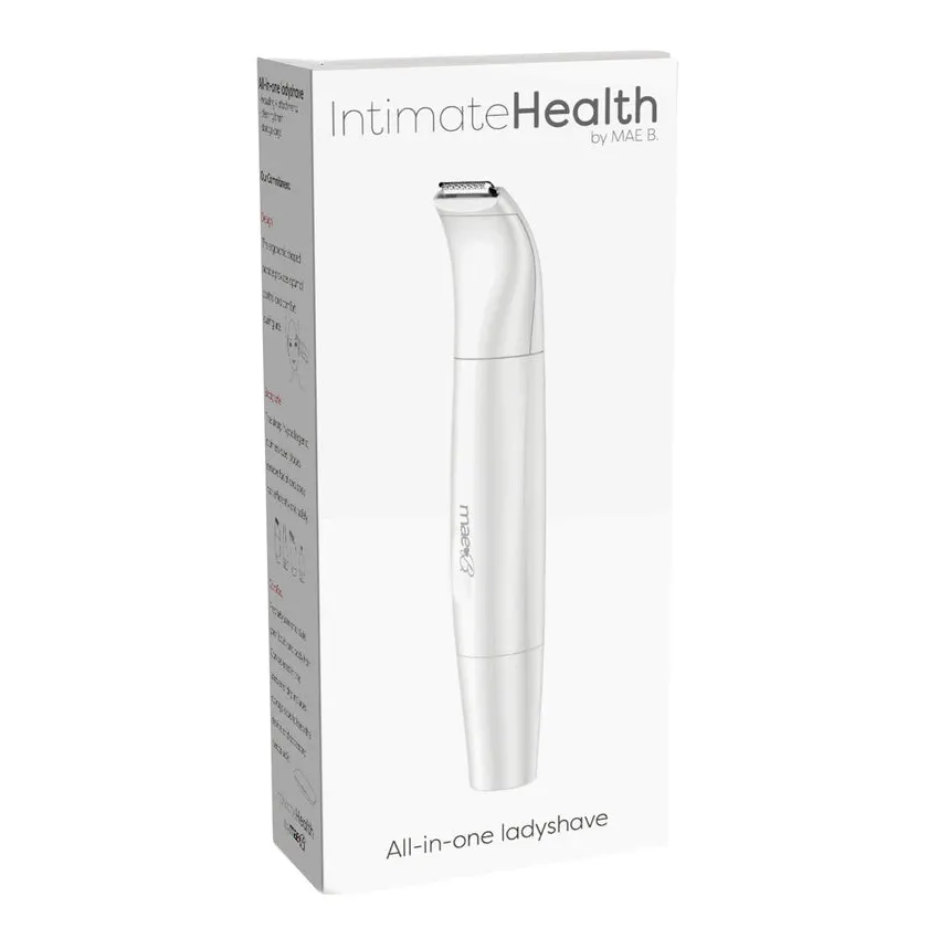Hvit Mae B All-in-One ladyshaver i eske med ergonomisk design for skånsom hårfjerning.