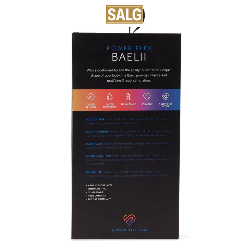 Svart eske med Baelii Power Flex G-punkt vibrator, viser funksjoner som fleksibel kropp og kraftig motor.