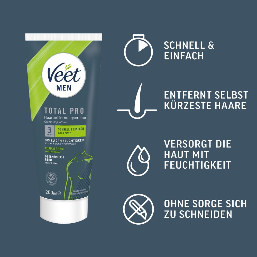 Veet Men Total Pro hårfjerningskrem i en 200 ml tube med ikoner som viser fordeler som fuktighet og enkel bruk.