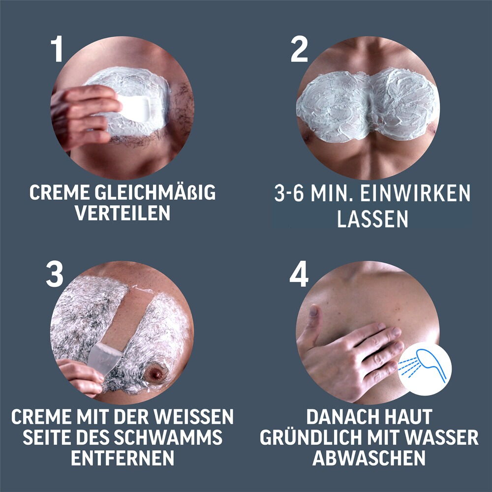 Instruksjonsgrafikk som viser fire trinn for bruk av Veet Men hårfjerningskrem på brystet med påføring og skylling.