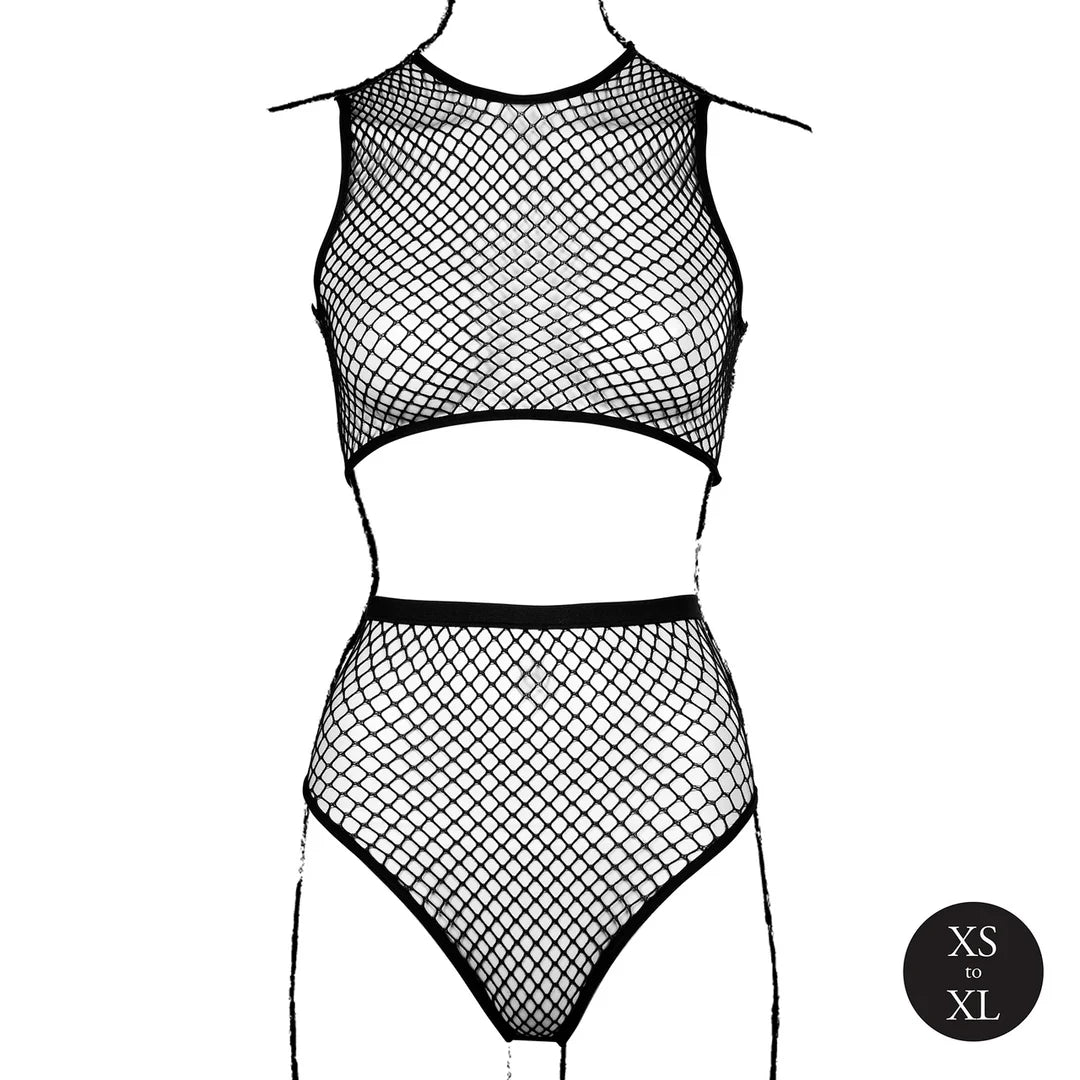 2-delt fishnet-undertøysett med crop top og truse – sort