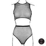 2-delt fishnet-undertøysett med crop top og truse – sort