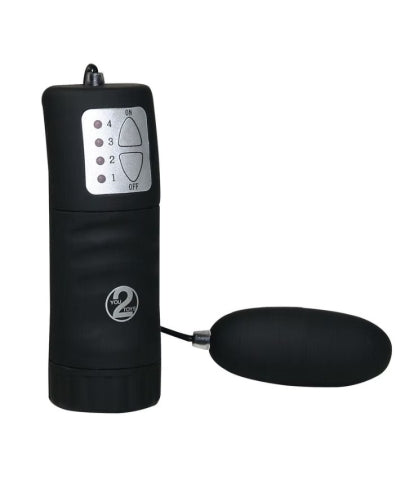 Svart fløyelsmyk vibrator med ovalt egg og separat kontrollenhet med 4 vibrasjonsnivåer.