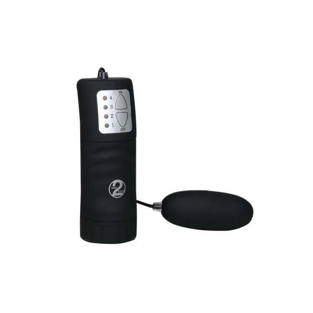 Svart fløyelsmyk vibrator med ovalt egg og separat kontrollenhet med 4 vibrasjonsnivåer.