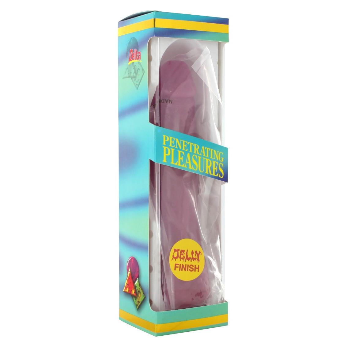 JellyDong naturtro dildo i lilla jellymateriale, pakket i en fargerik eske med "Penetrating Pleasures" tekst.
