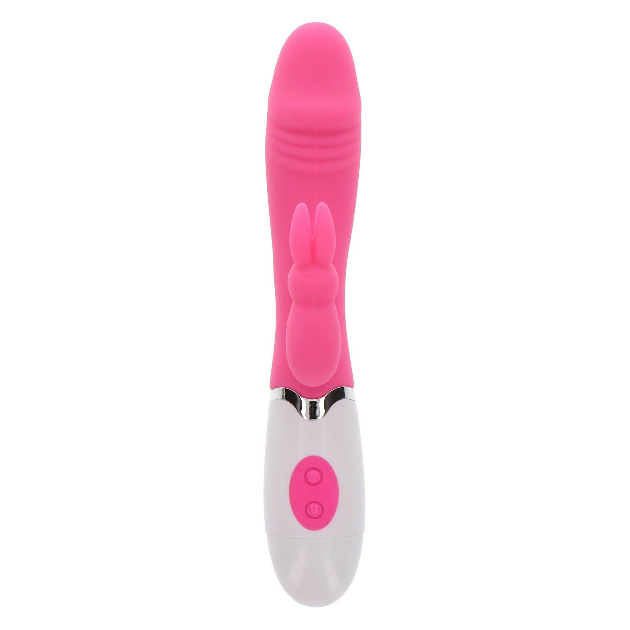 Rosa silikon rabbitvibrator med kaninlignende klitorisstimulator og kontrollknapper.