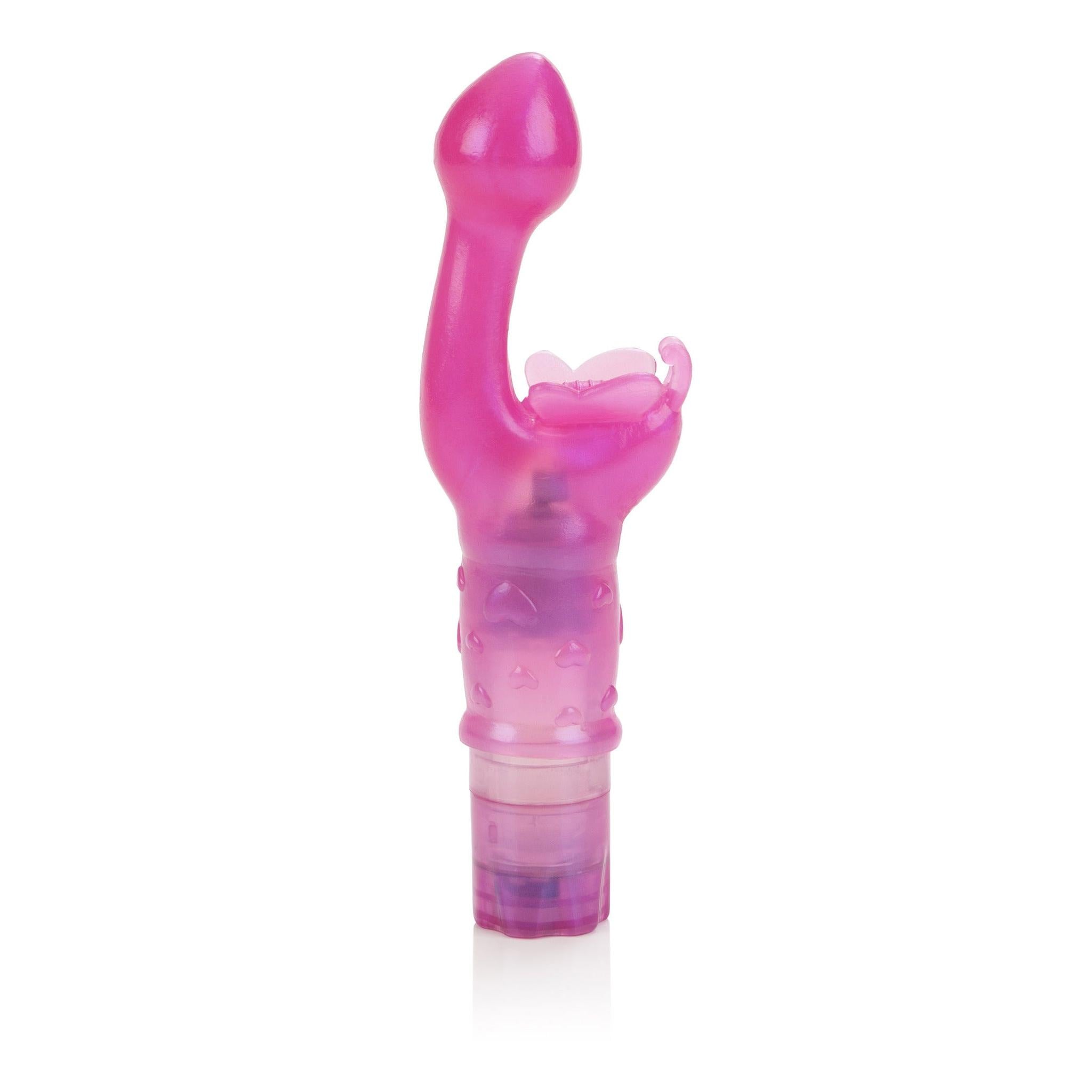 Rosa sommerfuglformet vibrator i silikon for dobbel stimulering, med teksturert grep.
