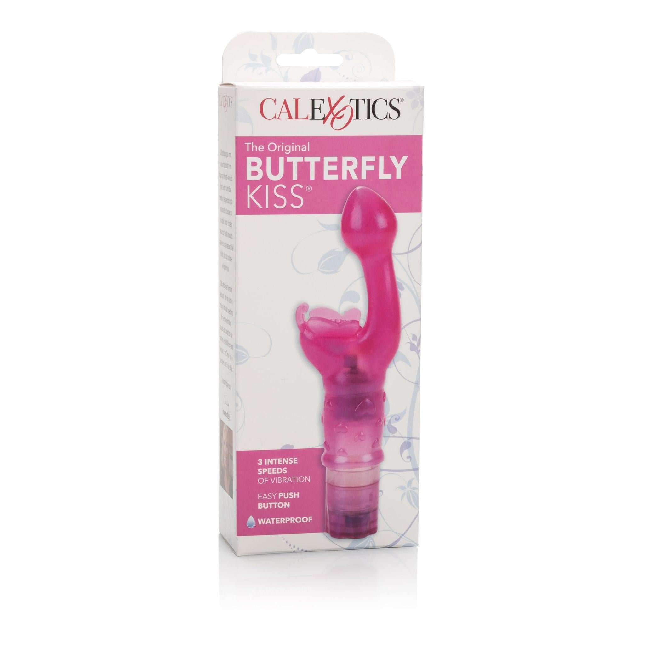 Pink Butterfly Kiss vibrator i emballasje, med sommerfuglformet design for dobbel stimulering.