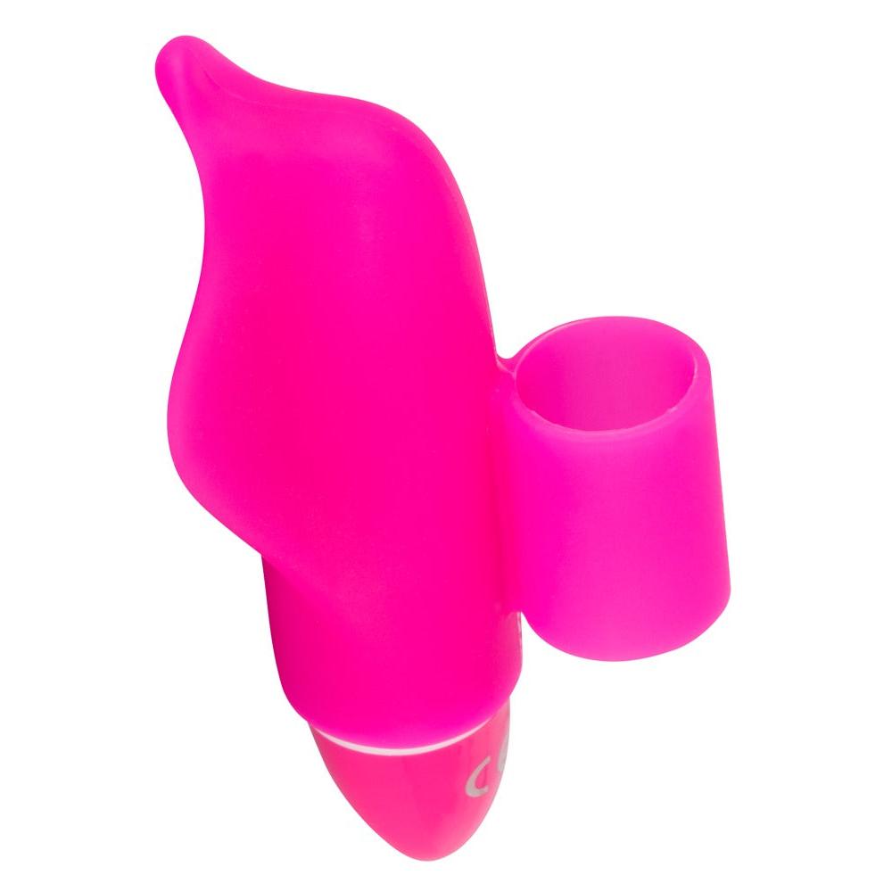 Rosa delfinformet klitorisvibrator i silikon med fingerhylse og stimulerende vinger.