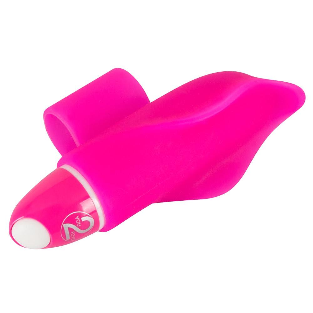 Rosa delfinformet klitorisvibrator i myk silikon med fingerring og stimulerende vinger.