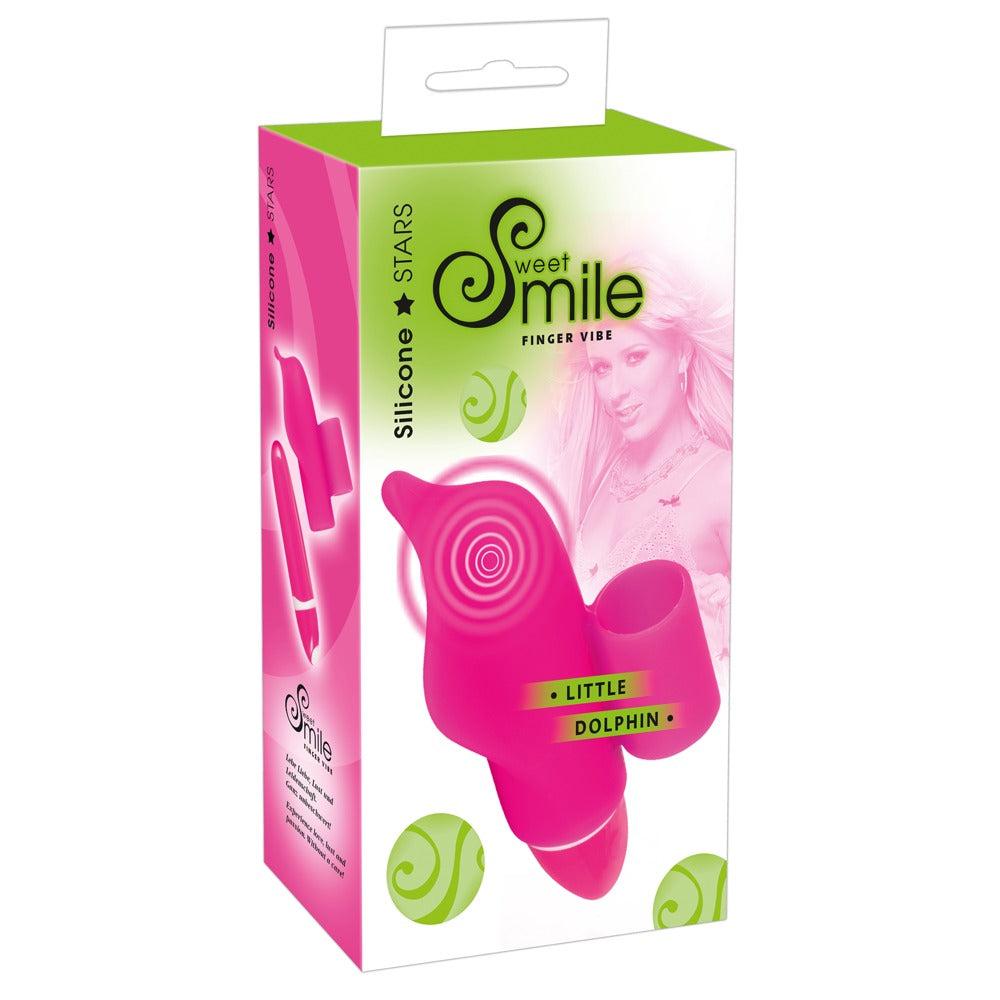 Rosa delfinformet silikon klitorisvibrator i en grønn og rosa eske.