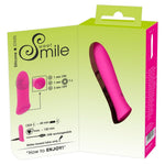 Rosa Soft Touch silikon klitorisvibrator i åpen grønn og hvit eske med produktinformasjon.