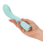 Turkis Sassy G-punkt vibrator med bøyd tupp, riller, Swarovski krystaller og silkemyk overflate.