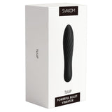 Hvit eske med svart Svakom Tulip bullet vibrator, kompakt og kurvet med riller.