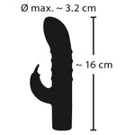 Svart silikon rabbitvibrator med buet design for G-punkt og klitoris, 16 cm lang, 3.2 cm diameter.