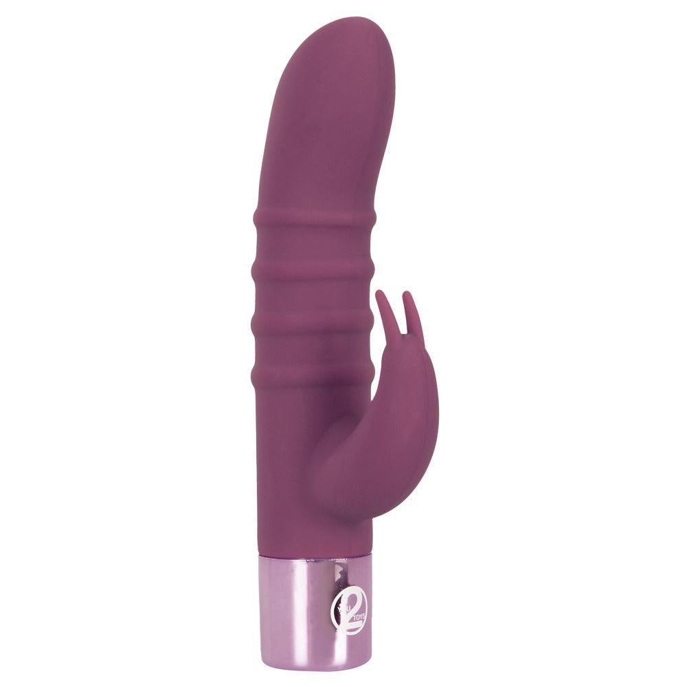 Lilla silikon rabbitvibrator med ergonomisk design og skinnende metallbase.