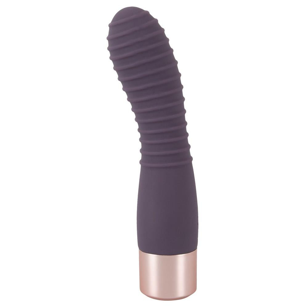 Lilla silikonvibrator med rillet overflate og rosegull base, designet for G-punkt og klitorisstimulering.