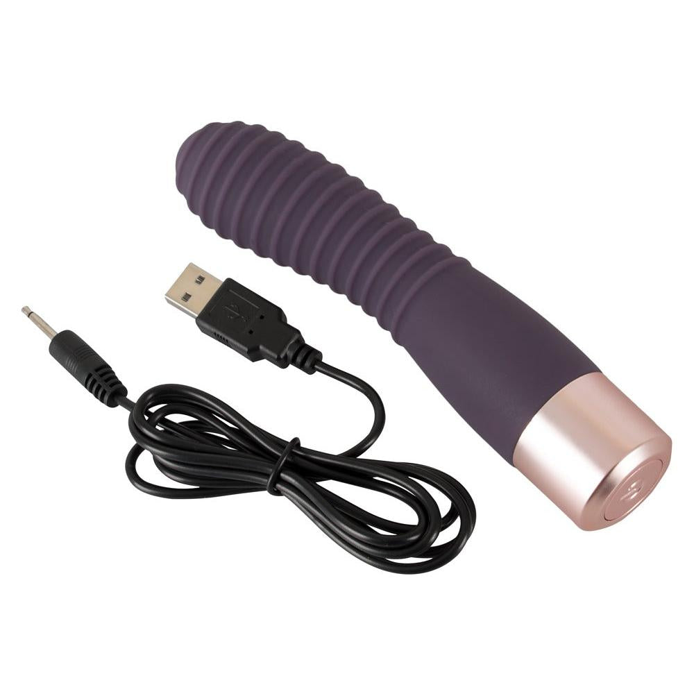 Lilla Flexy Vibe G-punkt og klitorisstimulator med rillet tupp og rosegull base, ved siden av en USB-ladekabel.