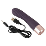 Lilla Flexy Vibe G-punkt og klitorisstimulator med rillet tupp og rosegull base, ved siden av en USB-ladekabel.