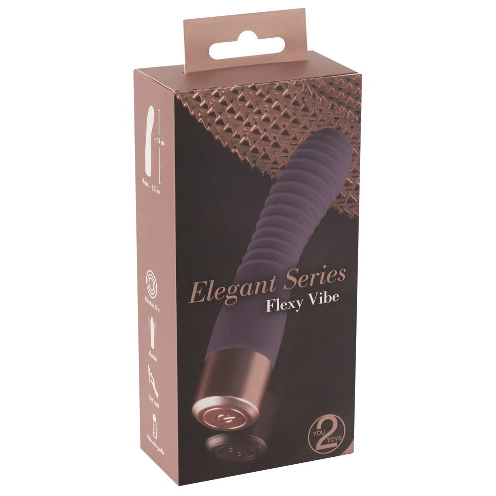 Flexy Vibe G-punkt og klitorisstimulator i lilla silikon med riller og rosegull base, i elegant emballasje.